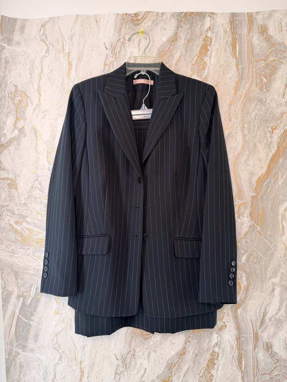 Nicola Designed In Italy Black And Blue Pinstripe Pant Suit Blazer Jacket Skirt
